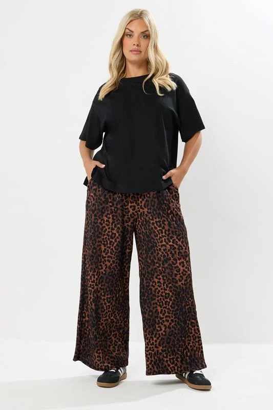 YOURS Curve Brown Leopard Print Crinkle Wide Leg Trousers