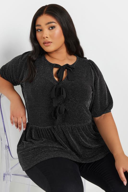 YOURS Curve Black Metallic Bow Front Peplum Top