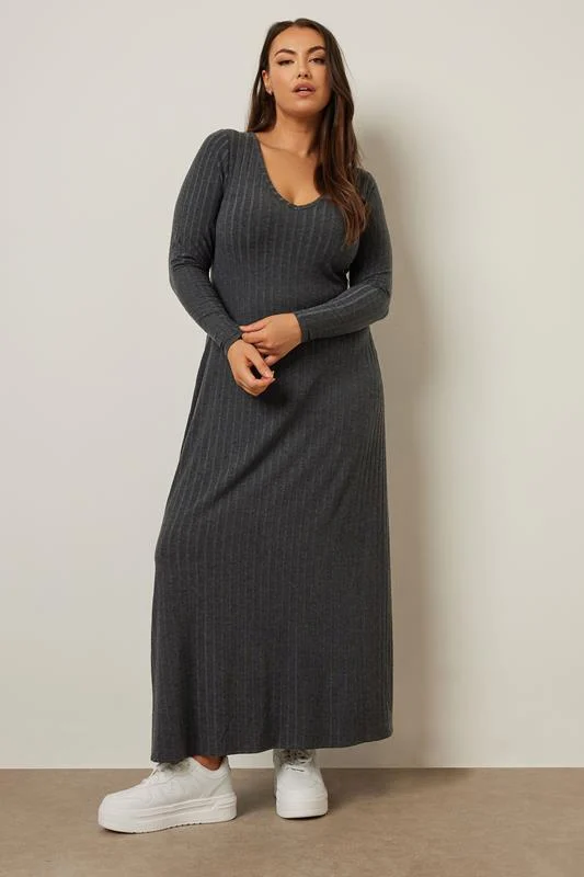 YOURS Curve Charcoal Grey Ribbed Flare Maxi Dress