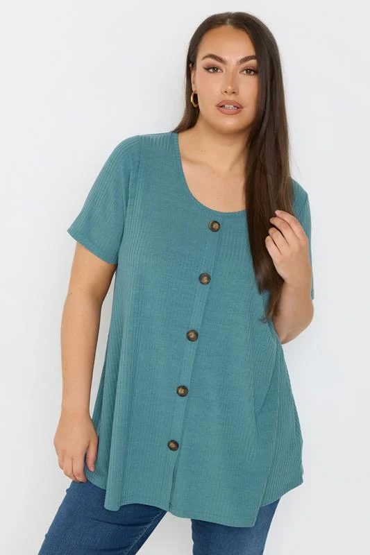 YOURS Curve Teal Blue Button Front Ribbed Swing Top