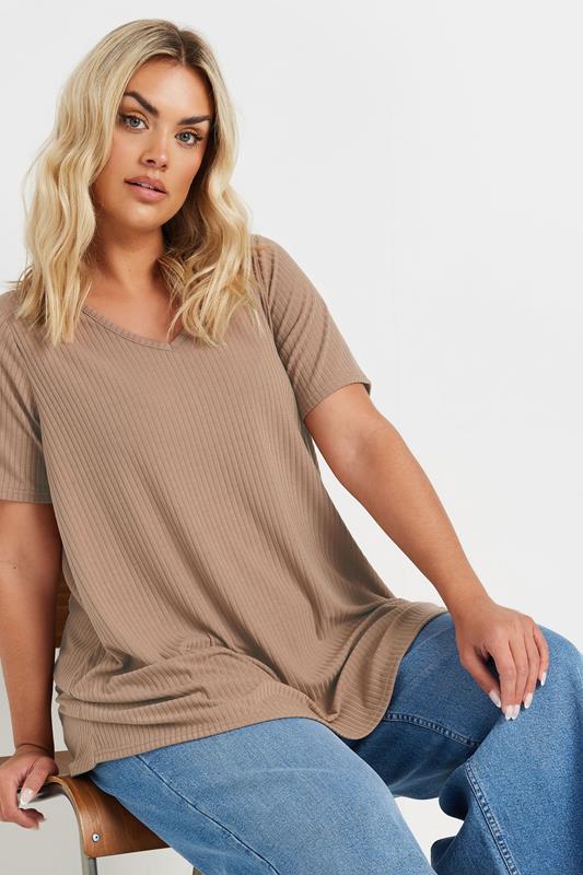YOURS Curve Brown Ribbed Swing V-Neck T-Shirt