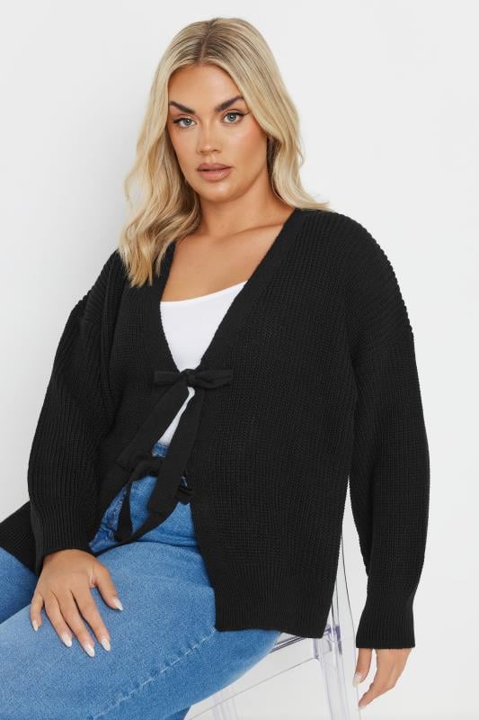 YOURS Curve Black Knitted Bow Tie Front Cardigan