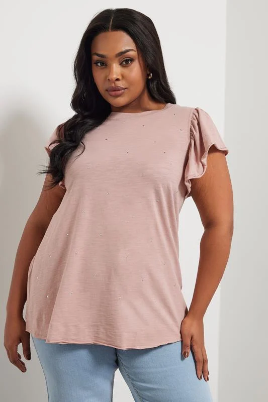 YOURS Curve Pink Frill Sleeve Stud T-Shirt