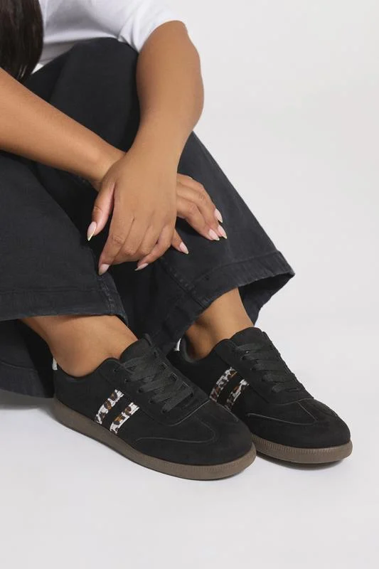 Black Retro Leopard Stripe Trainers In Extra Wide EEE Fit