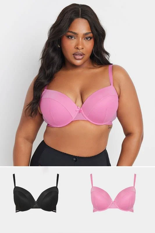 YOURS Curve 2 PACK Black & Pink Mesh Padded Plunge Bras