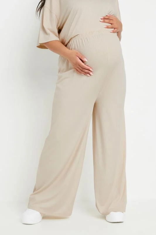 BUMP IT UP MATERNITY Curve Cream Premium Modal Ribbed Wide Leg Trousers