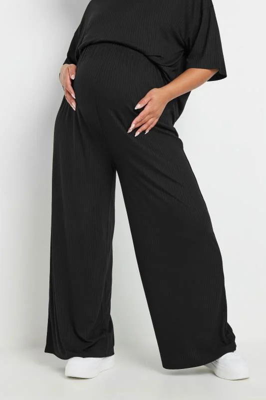 BUMP IT UP MATERNITY Curve Black Premium Ribbed Wide Leg Trousers