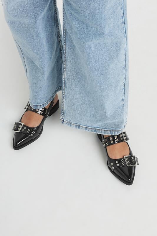 Black Buckle Detail Pointed Slingback Flats In Wide E Fit