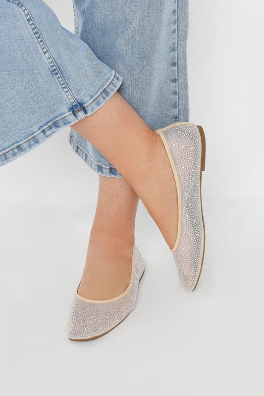 Nude Mesh Diamante Embellished Ballerina Pumps In Wide E Fit 5 Nude Mesh Diamante Embellished Ballerina Pumps In Wide E Fit