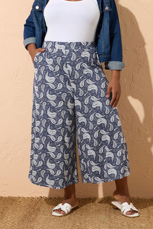 YOURS Curve Navy Blue Paisley Print Midaxi Culottes