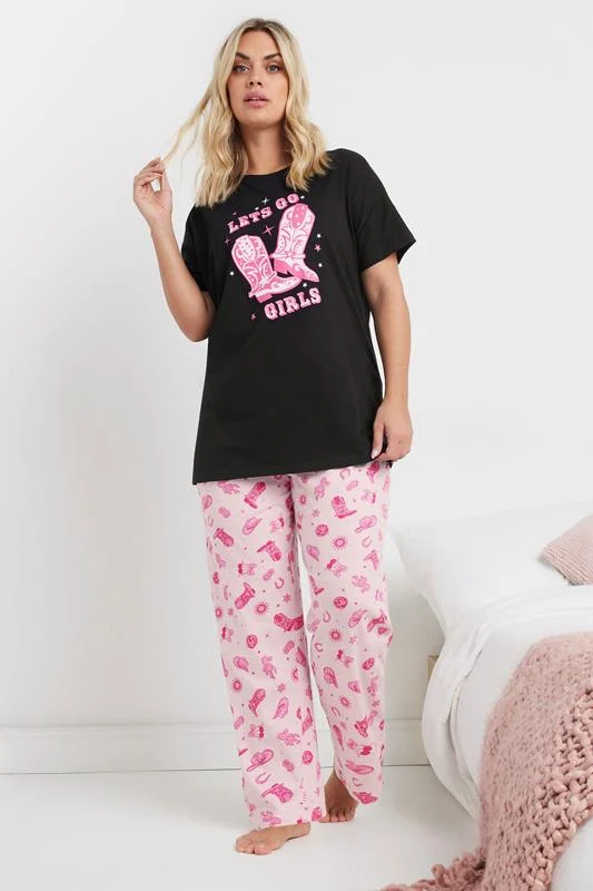 YOURS Curve Black'Lets Go Girls' Cowboy Boot Wide Leg Pyjama Set