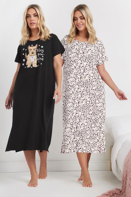 YOURS Curve 2 PACK Black'Stay Paw-sitive' Leopard Print Midaxi Nightdresses