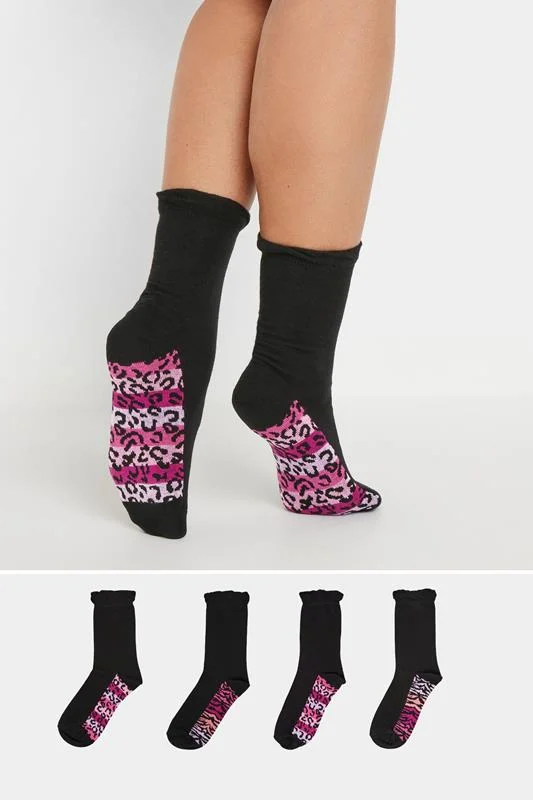 YOURS 4 PACK Curve Black Animal Print Ankle Socks