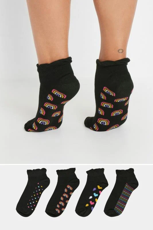 4 PACK Black Mixed Bright Print Trainer Liner Socks