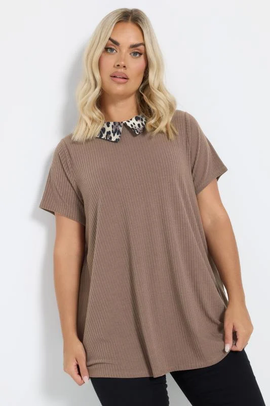 YOURS Curve Brown Leopard Print Collared Swing Top