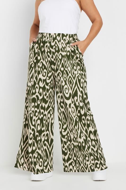 YOURS Curve Green Abstract Print Textured Wide Leg Trousers