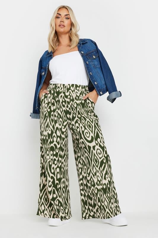 YOURS Curve Green Abstract Print Textured Wide Leg Trousers 3 YOURS Curve Green Abstract Print Textured Wide Leg Trousers