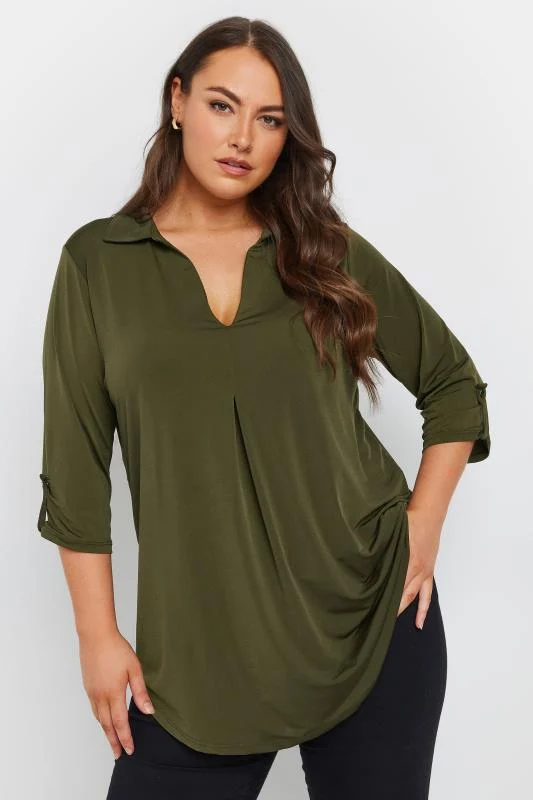 YOURS Curve Khaki Green Collared Pleat Front Swing Top