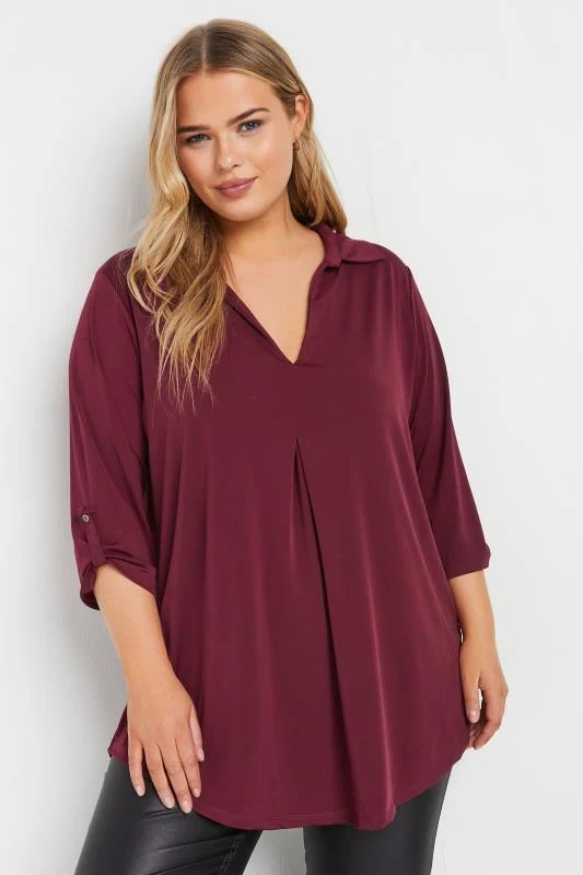 YOURS Curve Burgundy Red Collared Pleat Front Swing Top