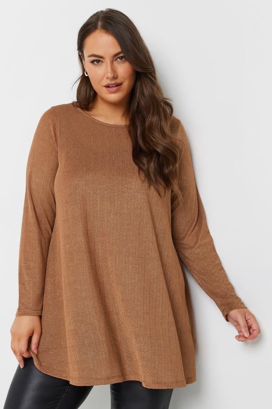 YOURS Curve Brown Metallic Ribbed Swing Top