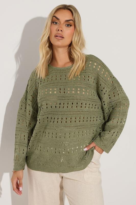 YOURS Curve Khaki Green Pointelle Knitted Jumper 3 YOURS Curve Khaki Green Pointelle Knitted Jumper