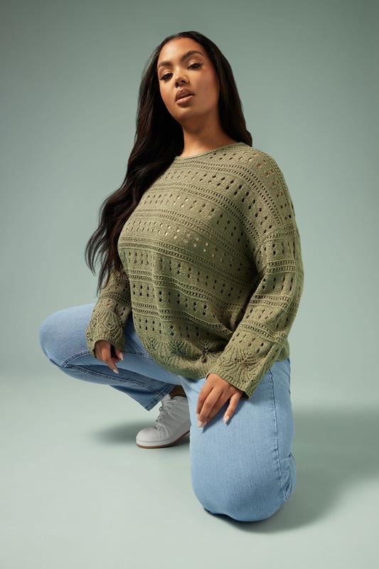 YOURS Curve Khaki Green Pointelle Knitted Jumper 5 YOURS Curve Khaki Green Pointelle Knitted Jumper