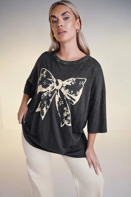 YOURS Curve Black Acid Wash Boxy Bow Graphic Print T-Shirt