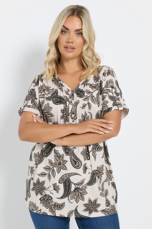 YOURS Curve Cream Paisley Print Henley T-Shirt