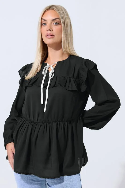 LIMITED COLLECTION Curve Black Tie Neck Frill Blouse
