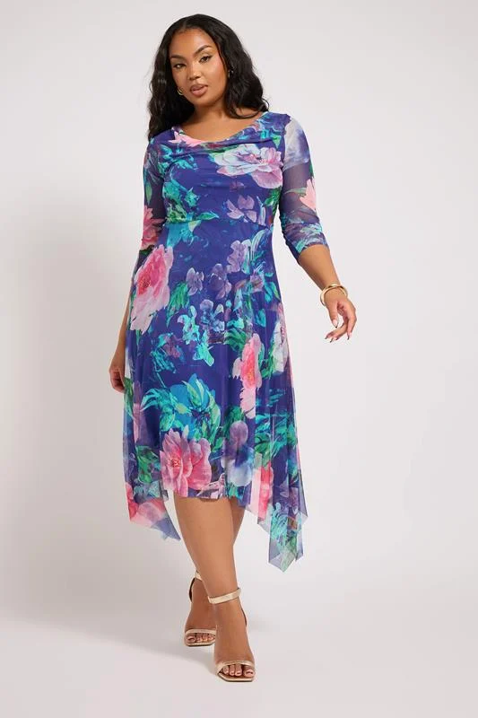 YOURS LONDON Curve Blue Floral Asymmetric Cowl Neck Mesh Dress