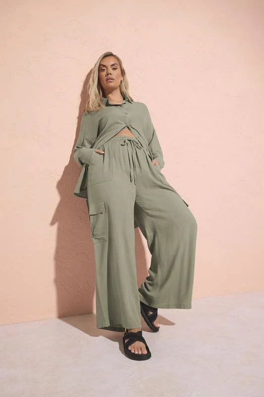 YOURS Curve Khaki Green Linen Cargo Trousers