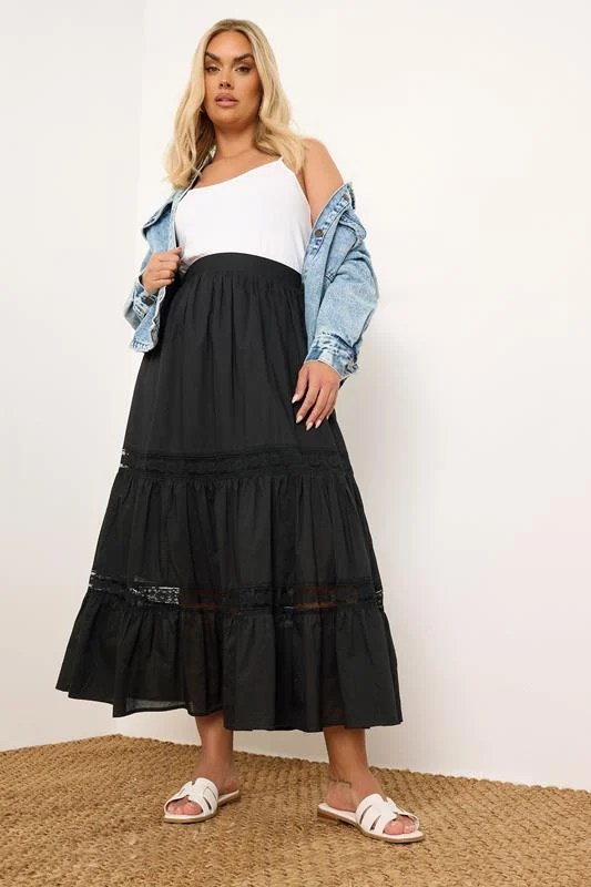 YOURS Curve Black Cotton Tiered Maxi Skirt