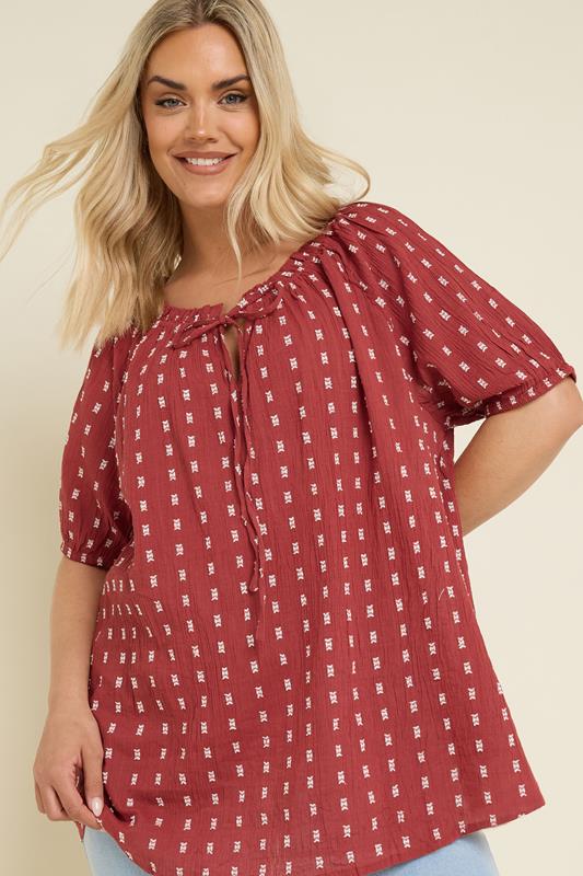 YOURS Curve Rust Orange Dobby Tie Neck Top