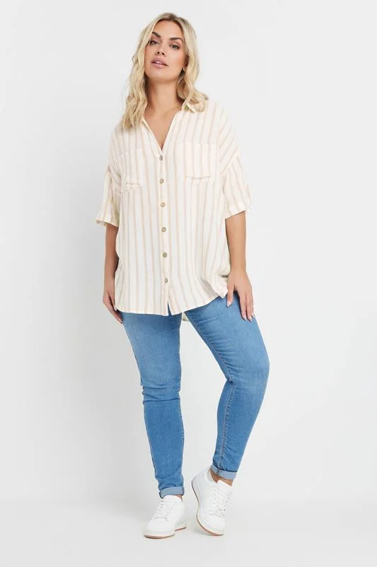YOURS Curve Cream Short Sleeve Linen Stripe Shirt 4 YOURS Curve Cream Short Sleeve Linen Stripe Shirt