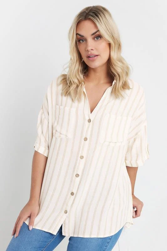 YOURS Curve Cream Short Sleeve Linen Stripe Shirt 5 YOURS Curve Cream Short Sleeve Linen Stripe Shirt