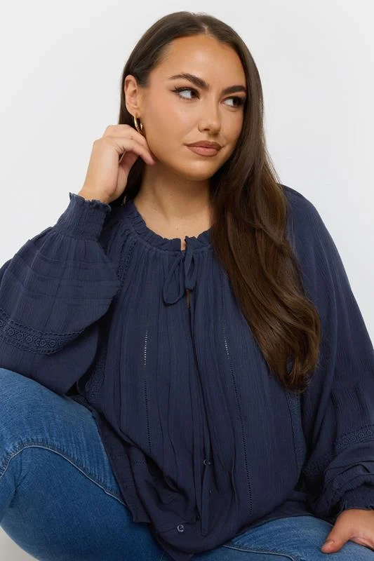 YOURS Curve Navy Blue Tie Neck Pintuck Top 3 YOURS Curve Navy Blue Tie Neck Pintuck Top