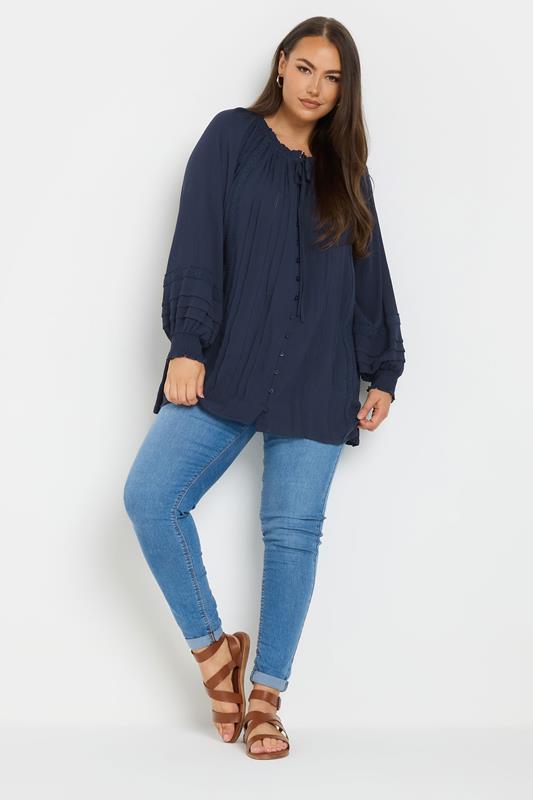 YOURS Curve Navy Blue Tie Neck Pintuck Top 4 YOURS Curve Navy Blue Tie Neck Pintuck Top