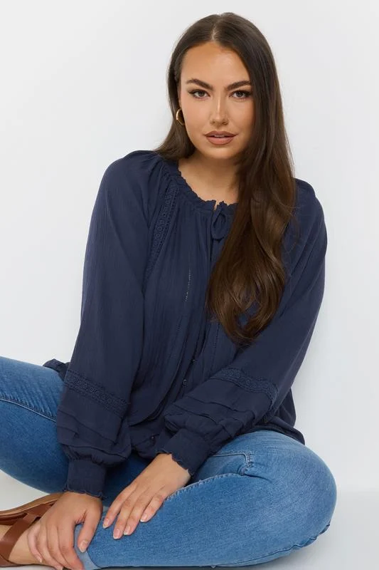 YOURS Curve Navy Blue Tie Neck Pintuck Top 5 YOURS Curve Navy Blue Tie Neck Pintuck Top