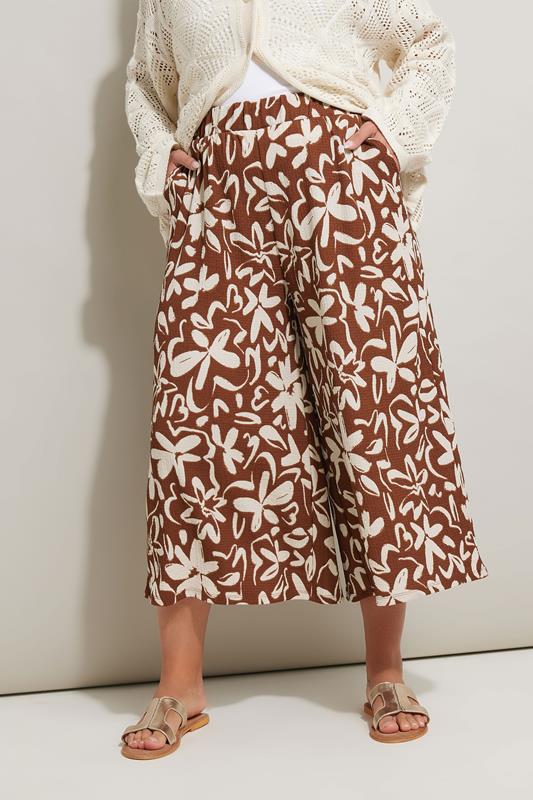 YOURS Curve Brown Floral Print Textured Midaxi Culottes