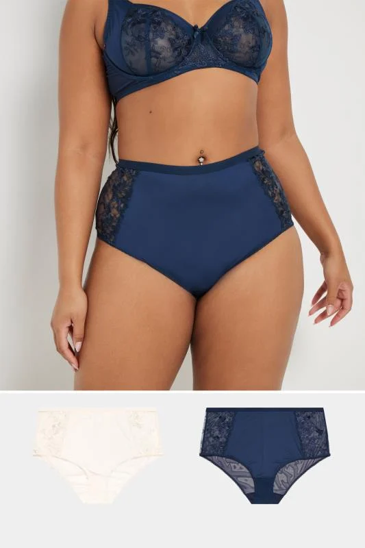 YOURS 2 PACK Curve Navy Blue & White Embroidered Full Briefs