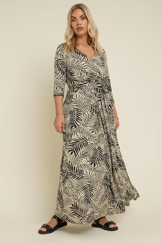 YOURS Curve Black & Brown Leaf Print Maxi Wrap Dress