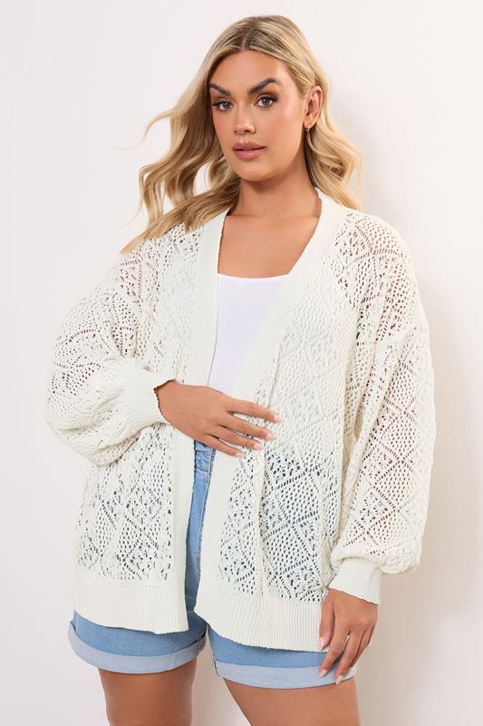 YOURS Curve Ivory White Balloon Sleeve Knitted Cardigan