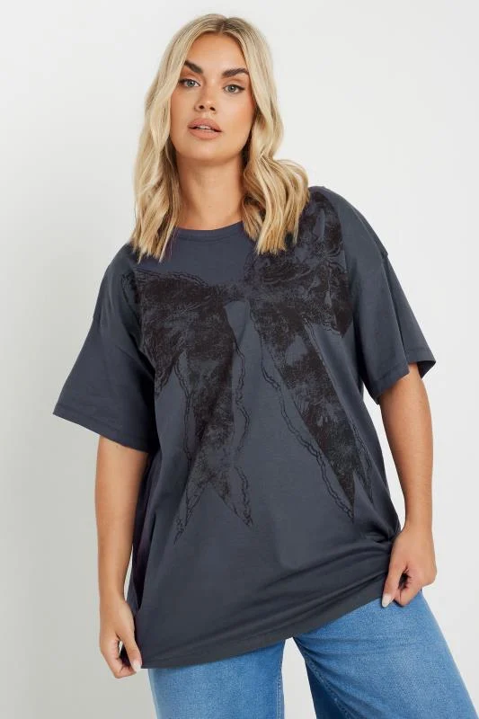 YOURS Curve Grey Bow Print Oversized T-Shirt 3 YOURS Curve Grey Bow Print Oversized T-Shirt