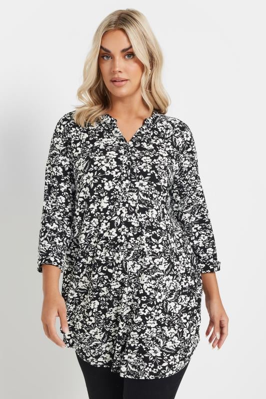 YOURS Curve Black & White Floral Print Jersey Shirt