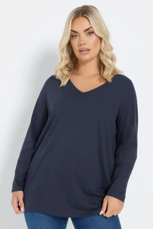 YOURS Curve Navy Blue Long Sleeve T-Shirt