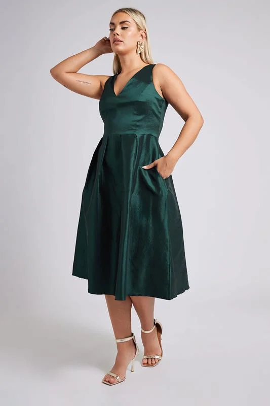 YOURS LONDON Curve Emerald Green Pleated V-Neck Midi Dress