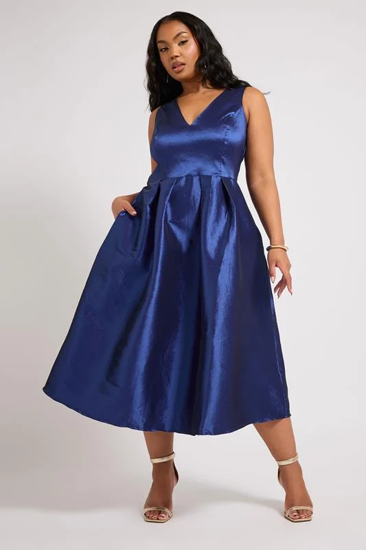YOURS LONDON Curve Navy Blue Pleated V-Neck Midi Prom Dress
