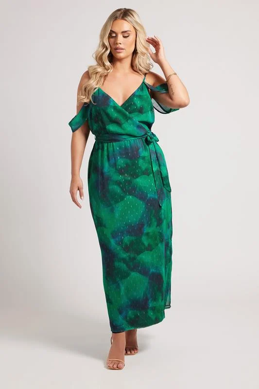 YOURS LONDON Curve Green Abstract Metallic Cold Shoulder Dress