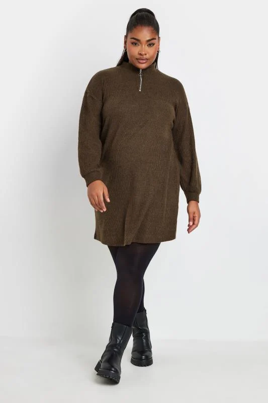 YOURS Curve Brown Ribbed Quarter Zip Jumper Dress