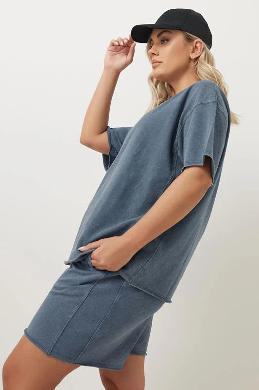 YOURS Curve Blue Acid Wash Oversized Sweat T-Shirt